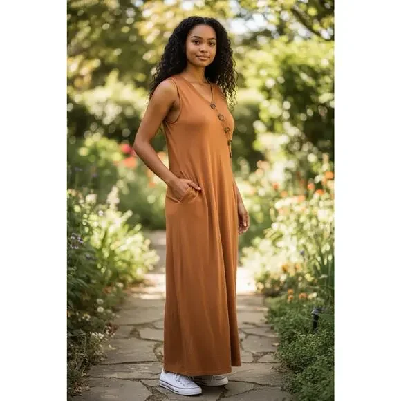 Soft Surroundings Rust Orange Maxi Dress Sleeveless Button Front Pockets Medium - Picture 14 of 14